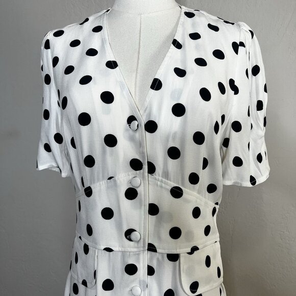 RIXO Mini Dress Laura Polka-Dot White V-Neck Short Sleeve Retro Size Medium - Picture 2 of 11